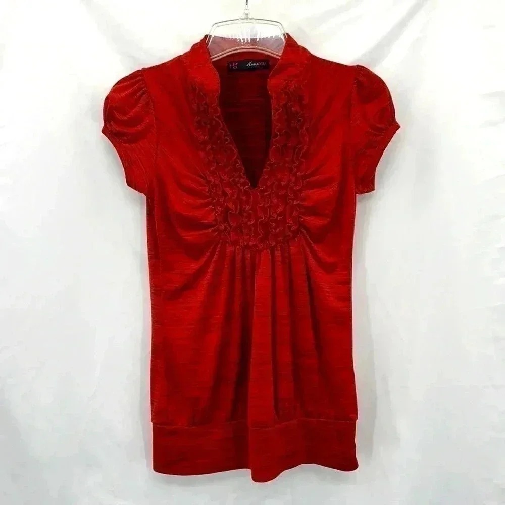 HeartSoul Ruffle V-Neck Top Women Size S Red Space Dye Puff Sleeve 22152JKF